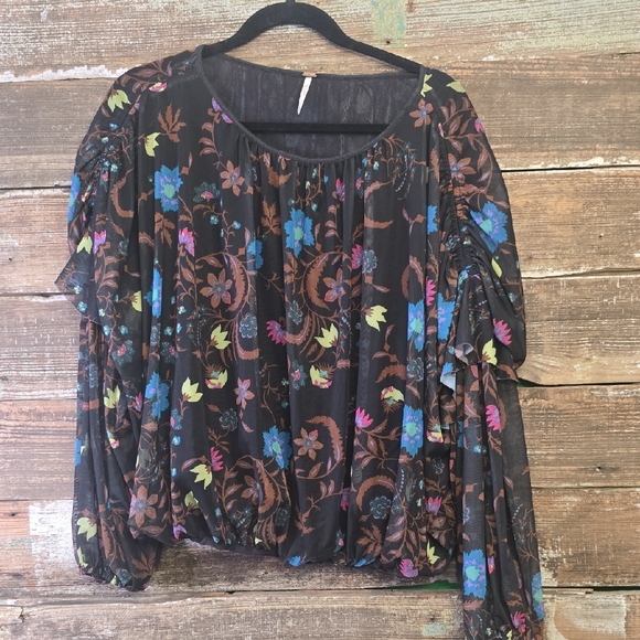 Free People Tops - Free People Black Blouse with Colorful Floral Design, Size M